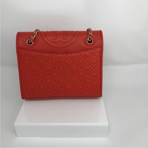 Tory Burch Fleming Quilted Leather Chain Red Orange Shoulder Purse Bag Boho - Picture 2 of 16